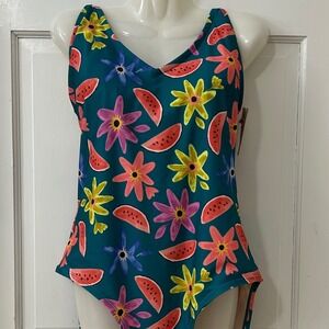 Tea Collection One Piece Swimsuit Kids Size XL Teal Floral Watermelon New UPF 40